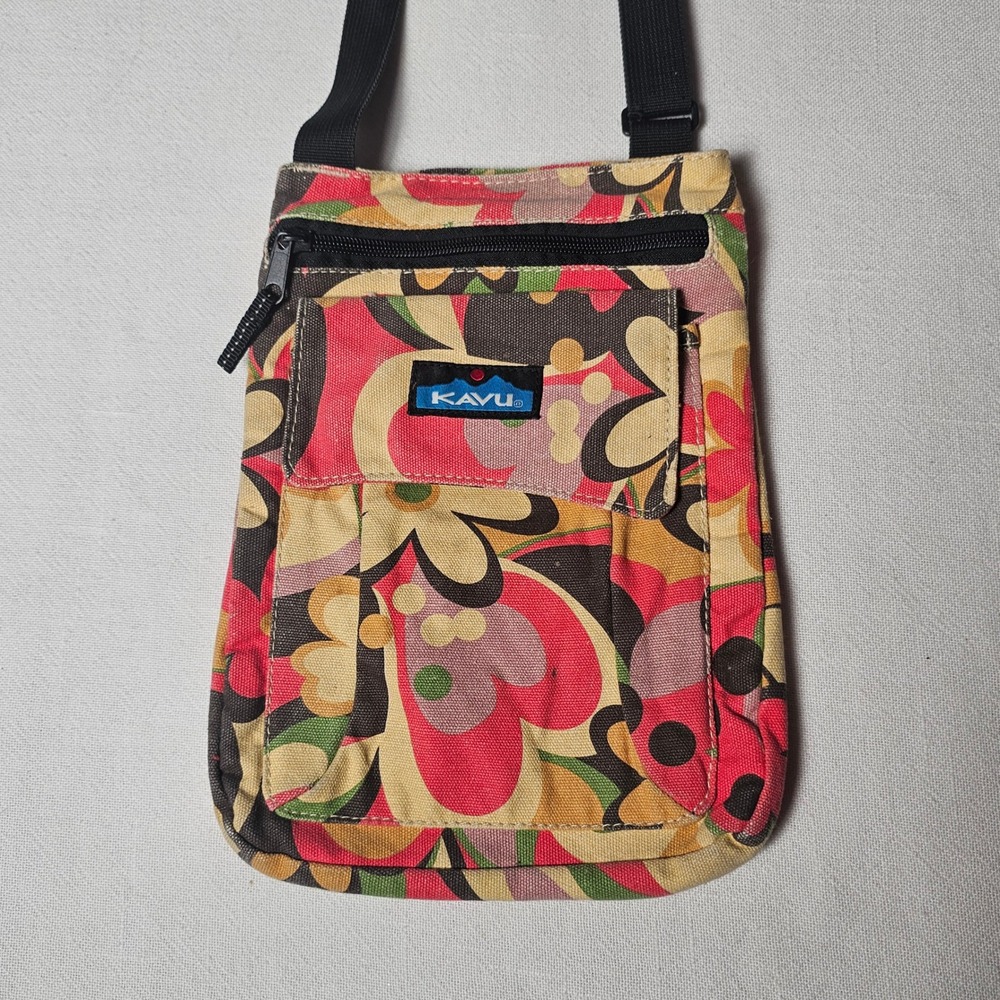 KAVU Floral Canvas Crossbody Bag Red Yellow Multi Color Shoulder Travel Pouch